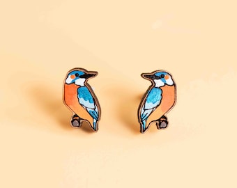 Hand-painted Kingfisher Earrings  Wooden Earrings Women’s Girl’s Stud Earrings gift by RobinValley Studio