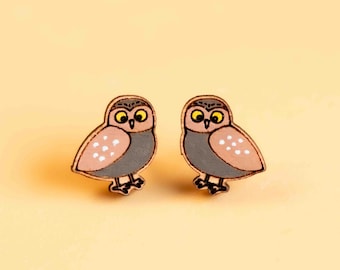 Hand-painted Burrowing Owl Earrings Wooden Earrings Studs Women’s Girl’s Earrings gift by RobinValley Studio