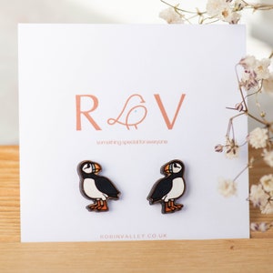 Hand-painted Puffin Bird Earrings Wooden Earrings Womens Girls Stud Earrings gift by RobinValley Studio image 2