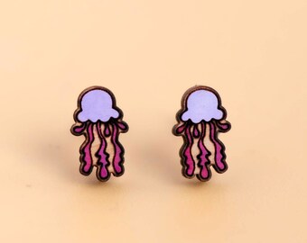 Hand-painted Purple Jellyfish Stud Earrings Womens Stud Wooden Earrings