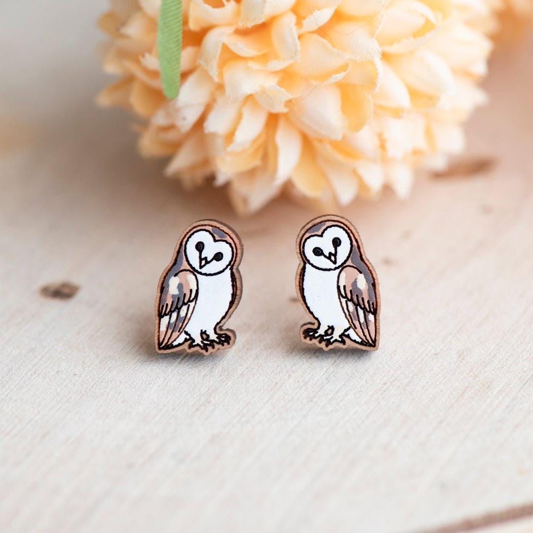 Hand-painted Tilting Barn Owl Stud Earrings by Robin Valley