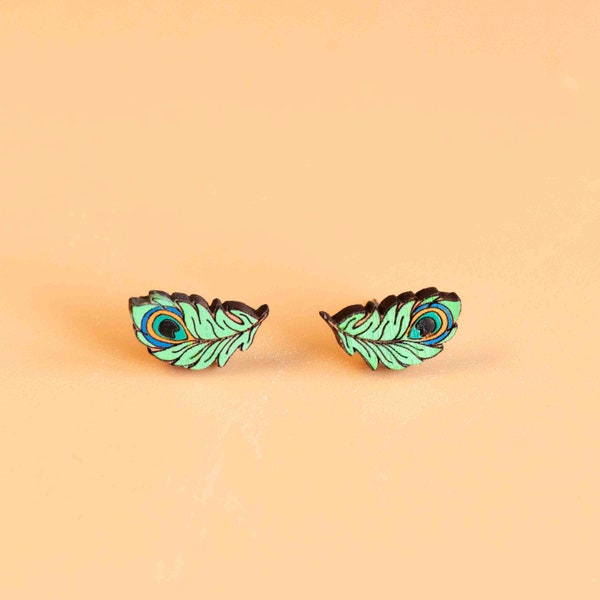 Hand-painted Peacock Feather Earrings Wooden Earrings Women’s Girl’s Stud Earrings gift by RobinValley Studio