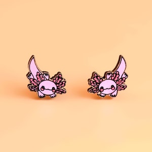 Hand-painted Cute Axolotl Earrings Wooden Stud Earrings Axolotl Gift by RobinValley Studio