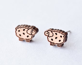 Handmade cute sheep earrings wooden earrings farm animal stud earrings womens