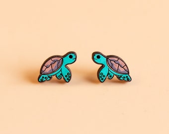 Hand-painted Cute Sea Turtle Earrings Womens Girls Stud Wooden Earrings Gift by Robin Valley Studio