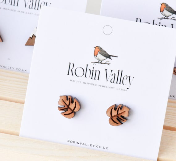 Handmade wood earrings Swiss cheese plant Monstera earrings stud earrings leaf earrings by Cherry Wood Jewellery