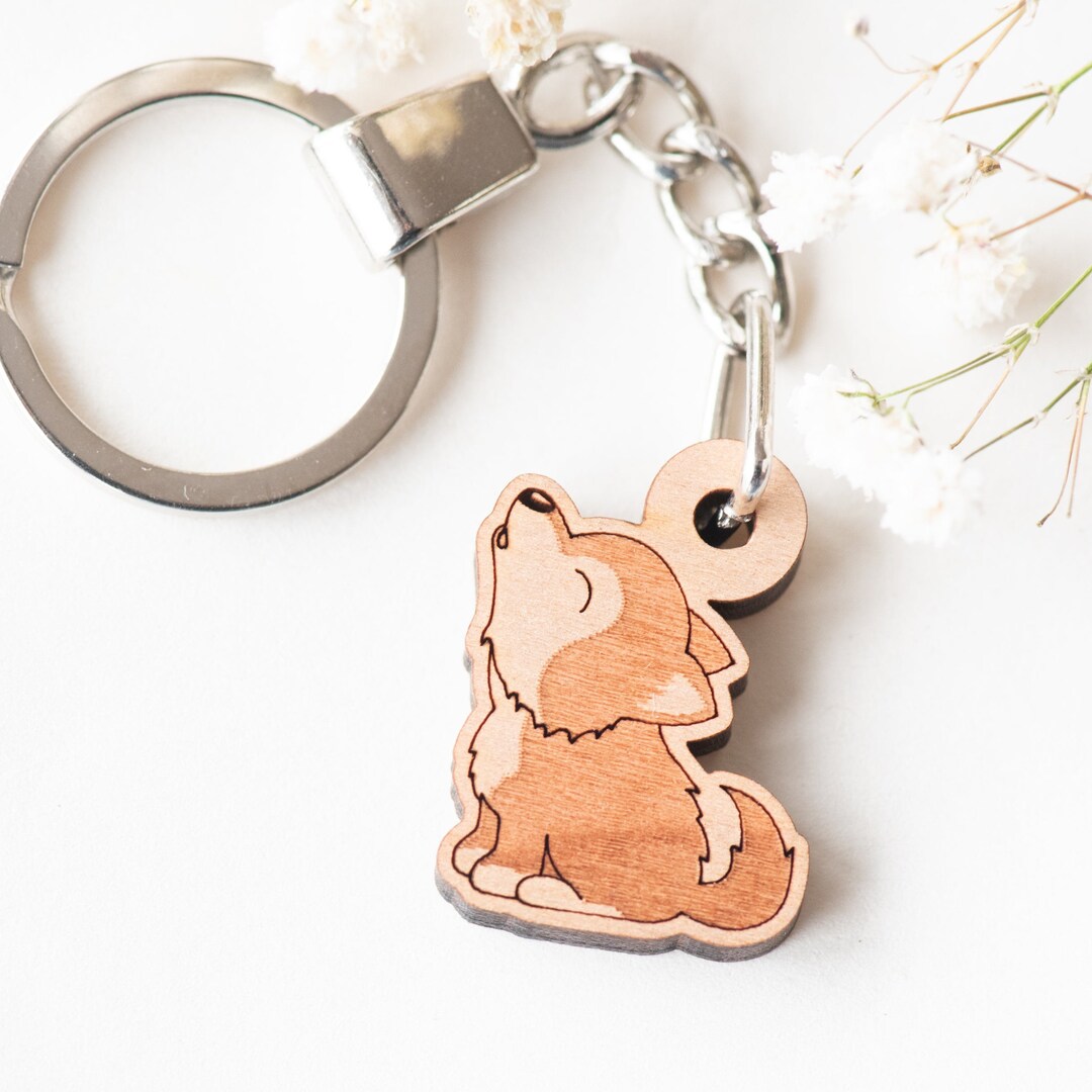 Key Rings Animal Design Handmade Wooden Keyring Howling Baby Wolf Keyring Animal Keychain ...