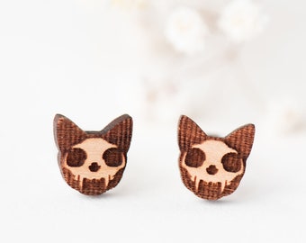Wooden Earrings Handmade Cat Skull Earrings Mens Womens Sud Earrings Gift by RobinValley Studio