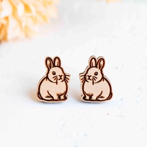 Handmade Cute Bunny Rabbit Earrings Wooden Stud Earrings Rabbit Lover Gift by Robin Valley