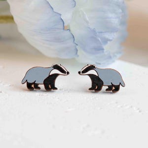 Hand-painted Walking Badger Wooden  Earrings Womens Girls Stud Earrings Gift by Robin Valley