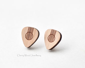 Wooden guitar pick earrings stud wooden earrings jewellery mens earrings womens earrings