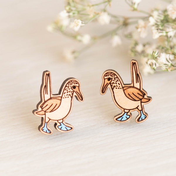 Handmade Blue-footed Booby Bird Earrings Hand Painted Wooden Earrings Women’s Girl’s Stud Earrings gift by RobinValley Studio