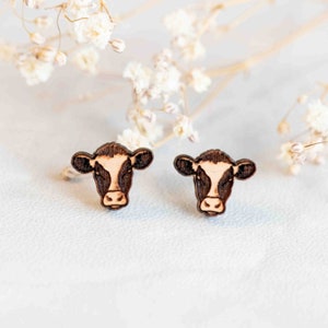 Handmade Cow Earrings Wooden Earrings Womens Mens Stud Earrings by Robin Valley