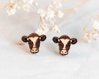 Handmade Cow Earrings Wooden Earrings Womens Mens Stud Earrings by Robin Valley