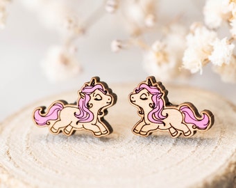 Hand Painted Unicorn Earrings  Girls Earrings Wooden Stud Earrings by Robin Valley Studio