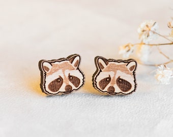 Handmade Woode Earrings Raccoon Earring Womens Mens Stud Earrings by Robin Valley Studio
