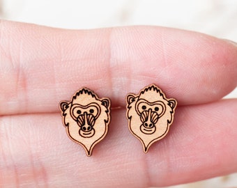 Wooden Earrings Handmade Mandrill Earrings Womens Stud Earrings