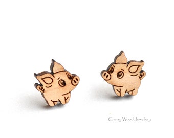 Handmade super cute wood pig earrings stud earrings by Cherry Wood Jewellery