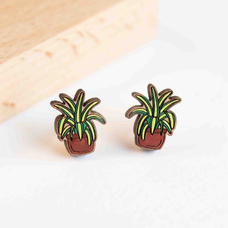 Hand painted Spider Plant Earrings Wooden Earrings Stud Earrings Womens Earrings Gift by RobinValley Studio image 3