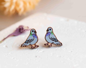 Hand-painted Wood Pigeon Earrings Womens Stud Wooden Earrings - Robinvalley