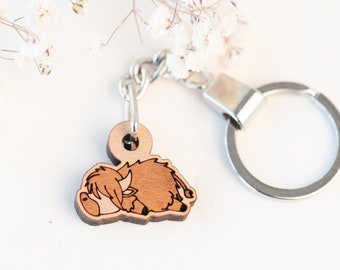 Handmade Wooden Keychain Sleeping Highland Cow Keychain Womens Mens Keyring Gift by Robinvalley Studio