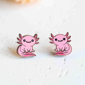 Handmade Cute Pink Axolotl Earrings Wooden Stud Earrings Axolotl Lover Gift by Robin Valley