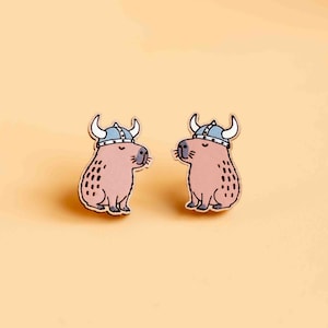 Hand-painted Capybara in Viking Helmet Wooden  Earrings Womens Girls Stud Earrings Gift by Robin Valley