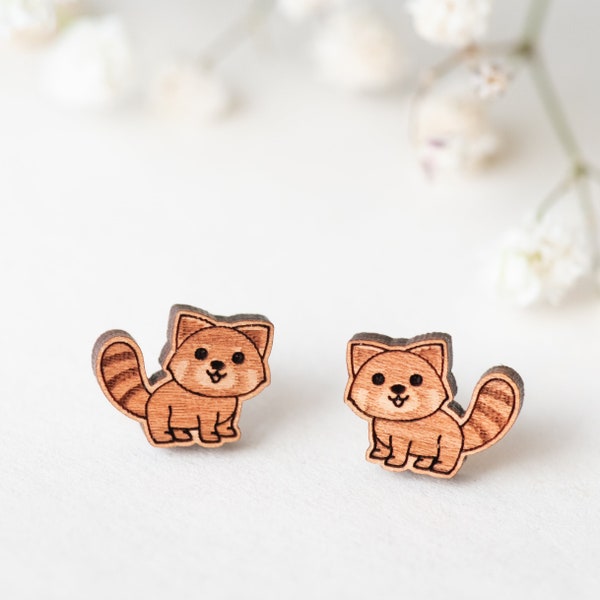 Handmade Cute Red Panda Earrings Womens Girls Stud Earrings Wooden Earrings Gift