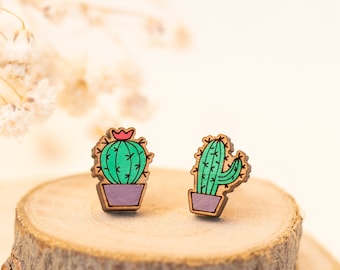 Hand painted Cactus Earrings Flower Wooden Earrings Stud Earrings Womens Earrings Gift by RobinVally Studio