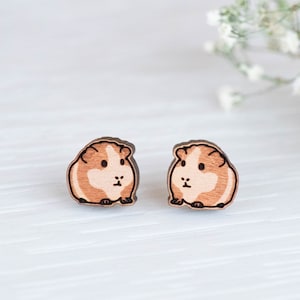 Handmade Chunky Guinea Pig Earrings Wooden Earrings Womens Girls Stud Earrings by Robin Valley Studio