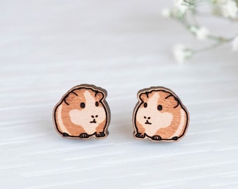 Handmade Chunky Guinea Pig Earrings Wooden Earrings Womens Girls Stud Earrings by Robin Valley Studio