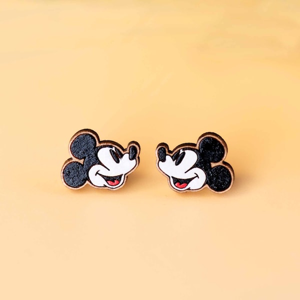 Hand-painted Wooden Steamboat Willie Mickey Mouse Stud Earrings