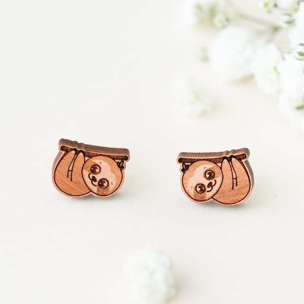 Handmade Cute Baby Sloth Earrings Animal Earrings Womens Girls Stud Earrings Wooden Earrings