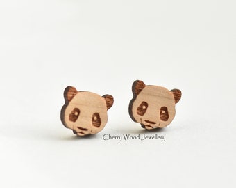 Wood panda earrings animal stud earrings wooden jewellery by Cherry Wood Jewellery gift for womens girls