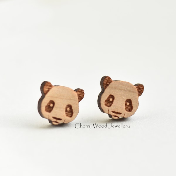 Wood panda earrings animal stud earrings wooden jewellery by Cherry Wood Jewellery gift for womens girls