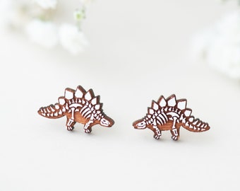 Stegosaurus earrings skeleton stud wooden earrings dinosaur earrings dino earrings punk earrings by Cherry Wood Jewellery