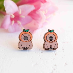 Hand-painted Capybara with Orange Hat Wooden Stud Earrings by Robin Valley