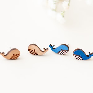 Handmade Blue Whale Earrings Stud Wooden Earrings Womens Earrings Girls Earrings by RobinValley Studio