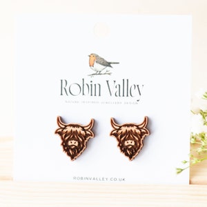 Handmade Highland Cow Earrings Wooden Earrings Womens Mens Stud Earrings by Robin Valley Studio