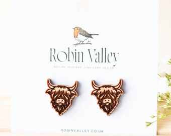 Boucles d’oreilles de vache des Highlands faites à la main Boucles d’oreilles en bois Boucles d’oreilles à tige pour femmes par Robin Valley Studio
