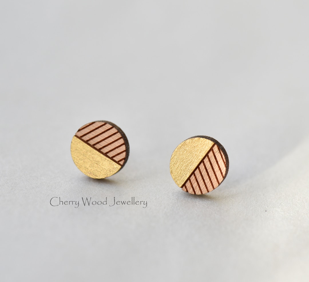 Round Ear Pattern Wood Geometry Earrings Gold Tone Hand Painted Round Earrings Circle ...