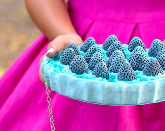 Optical Illusion Gray Strawberries Tart , Novelty bag, fantasy purse, grey strawberries, turquoise tart, turquoise purse, cute purses