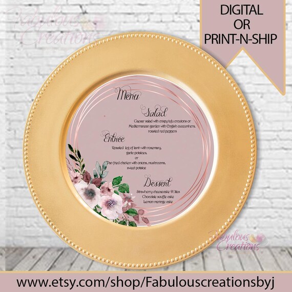 Menu inserts, Rose gold charger plates, Dinner menu, Wedding menu