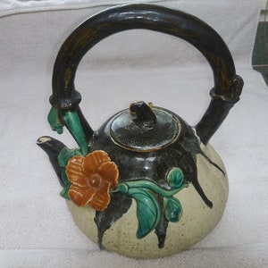 TEA POT teapot handmade STONEWARE Pottery 8" wide 9" holds 68 oz snail on passion vine flawless like new wonderful modern art