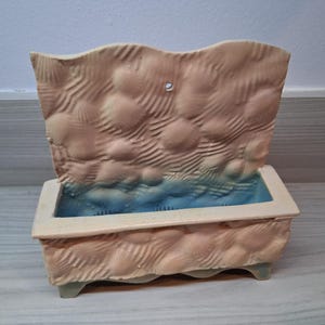 May include: A beige ceramic planter with a textured, wave-like design on the back and sides. The interior is blue, and the planter has a rectangular base with small feet. The overall aesthetic is rustic and decorative.