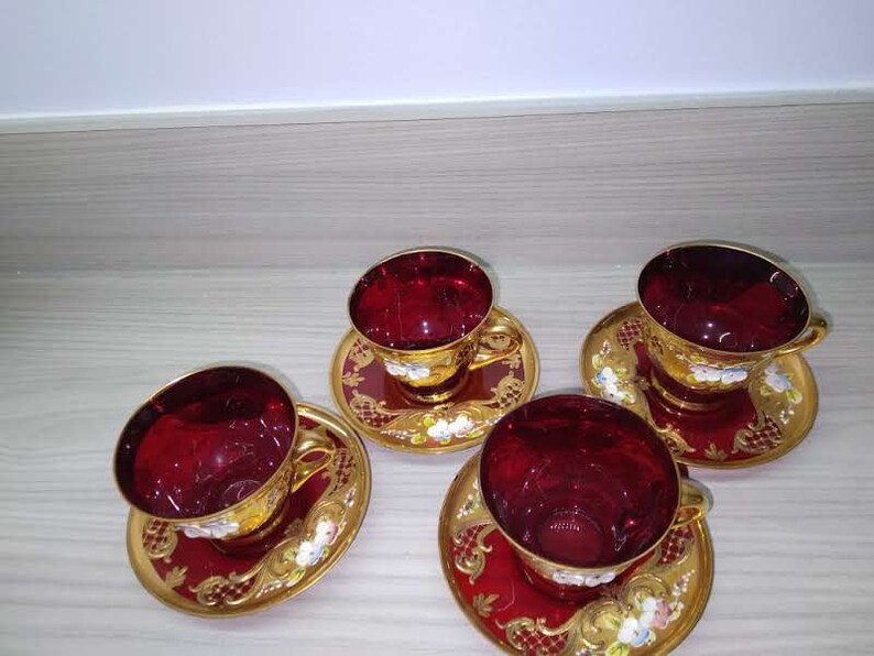 4 Red Murano Glass Tea Cups & Saucers Trefuochi Pattern Tea Cups Are ...