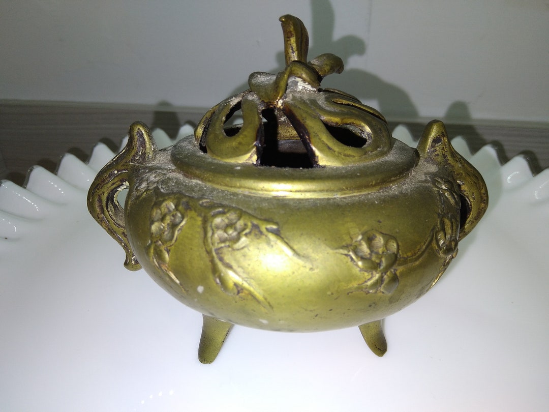 Antique Solid Brass Vintage Japanese Incense Burner Cherry Blossom
