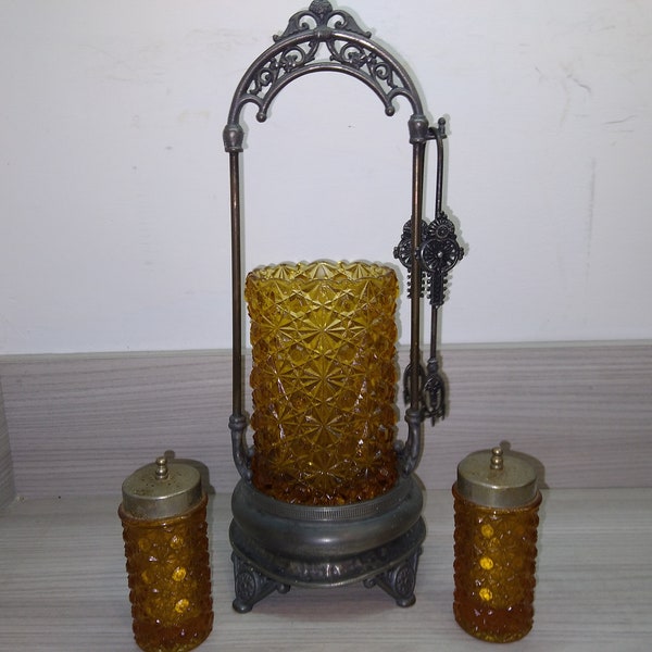 Victorian Amber daisy and button depression glass pickle caster with tongs silver plate and salt and pepper . awsome condition 12" tall