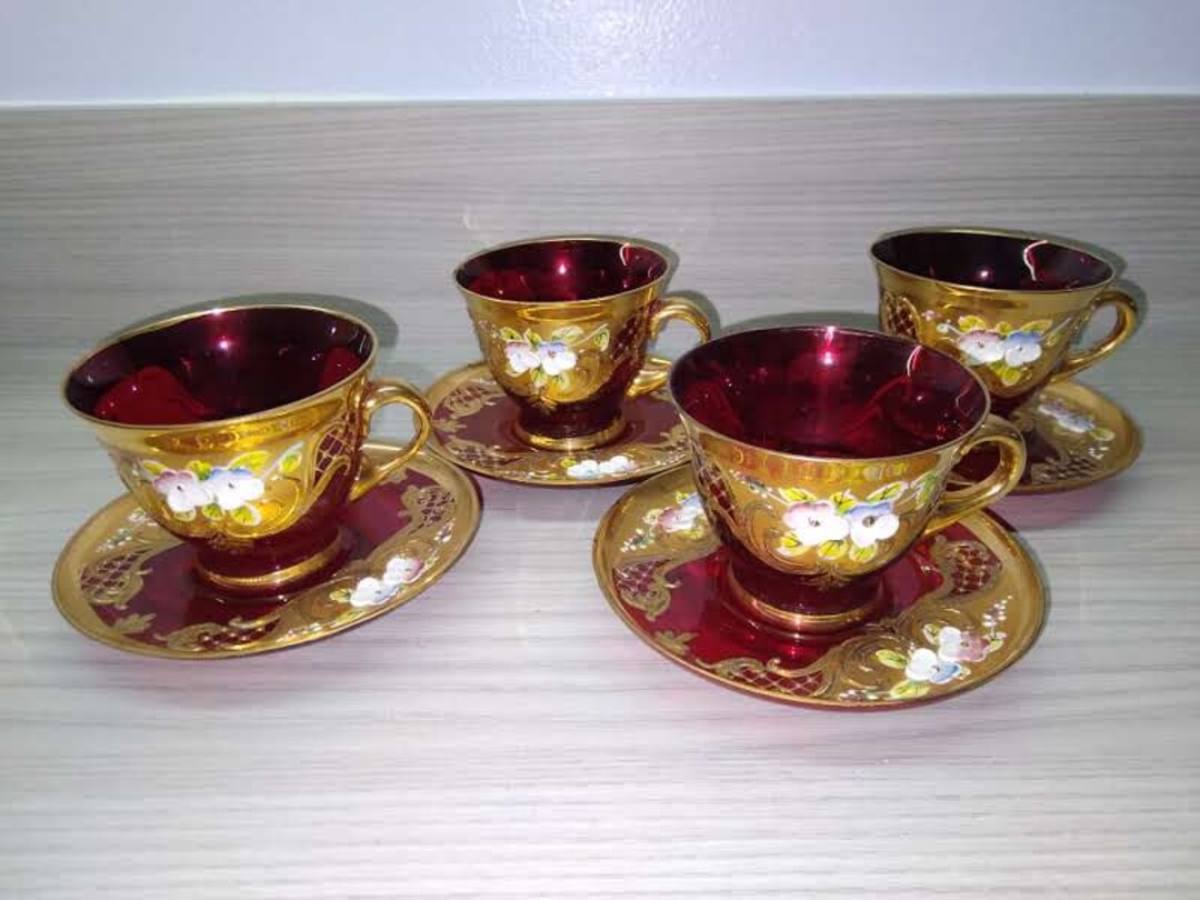 4 Red Murano Glass Tea Cups & Saucers Trefuochi Pattern Tea Cups Are ...
