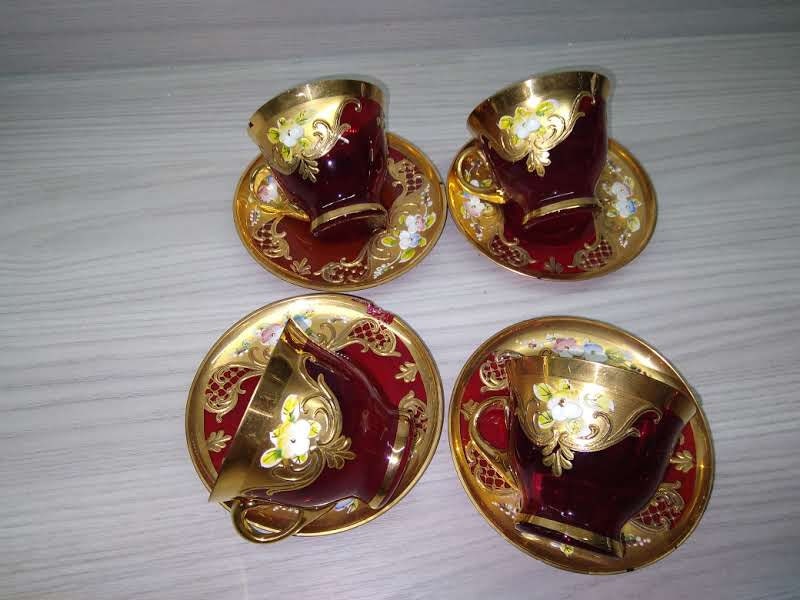4 Red Murano Glass Tea Cups & Saucers Trefuochi Pattern Tea Cups Are ...